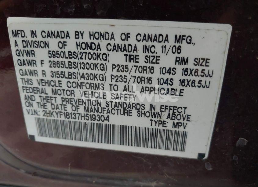 Photo 9 of 2007 Honda Pilot LX (VIN 2HKYF18137H519304)