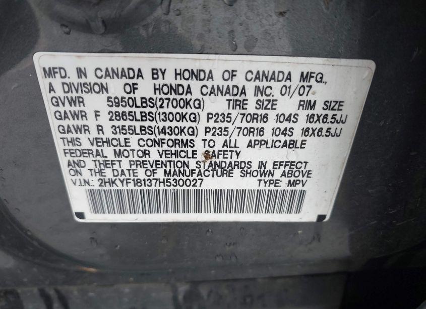 Photo 9 of 2007 Honda Pilot LX (VIN 2HKYF18137H530027)