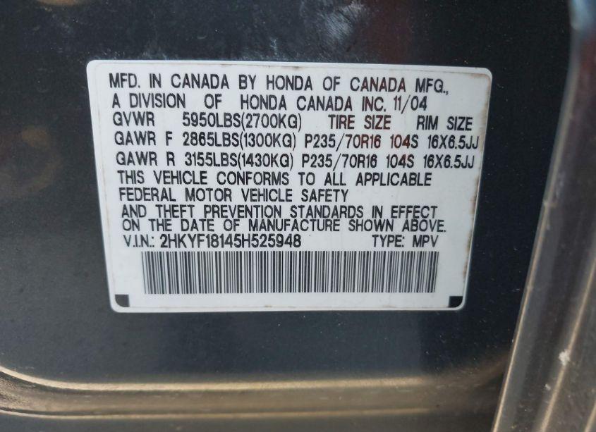 Photo 9 of 2005 Honda Pilot LX (VIN 2HKYF18145H525948)