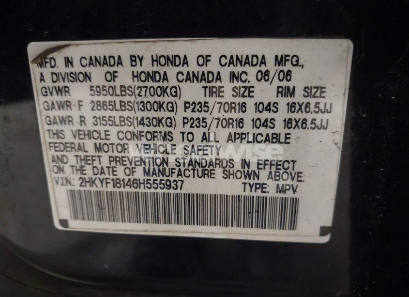 Photo 9 of 2006 Honda Pilot LX (VIN 2HKYF18146H555937)
