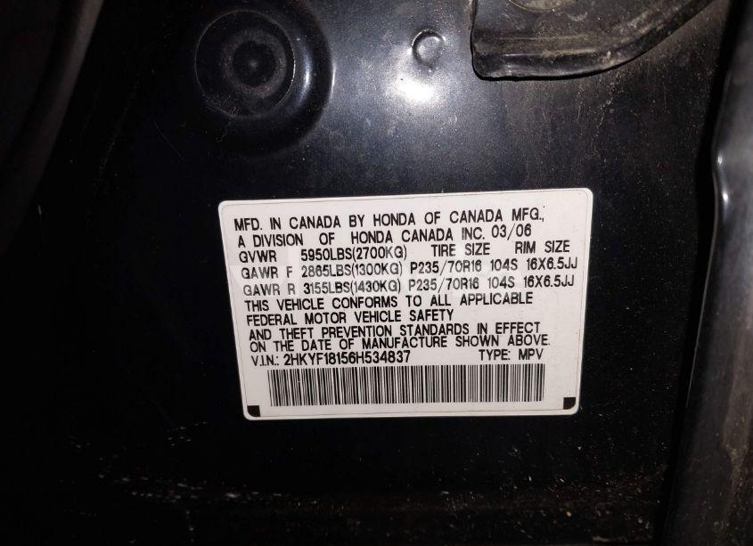 Photo 9 of 2006 Honda Pilot LX (VIN 2HKYF18156H534837)