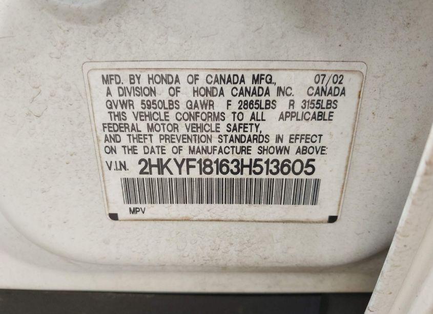 Photo 9 of 2003 Honda Pilot LX (VIN 2HKYF18163H513605)