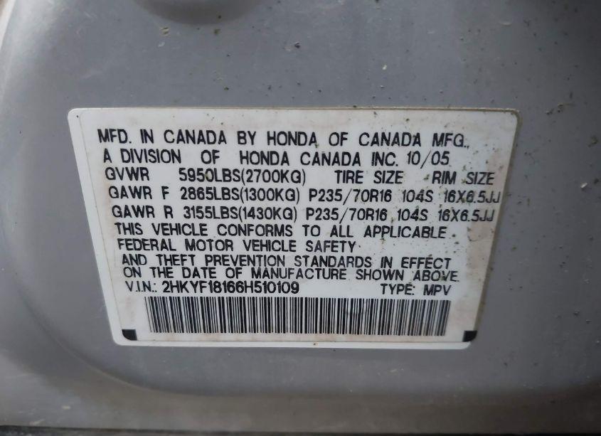 Photo 9 of 2006 Honda Pilot LX (VIN 2HKYF18166H510109)