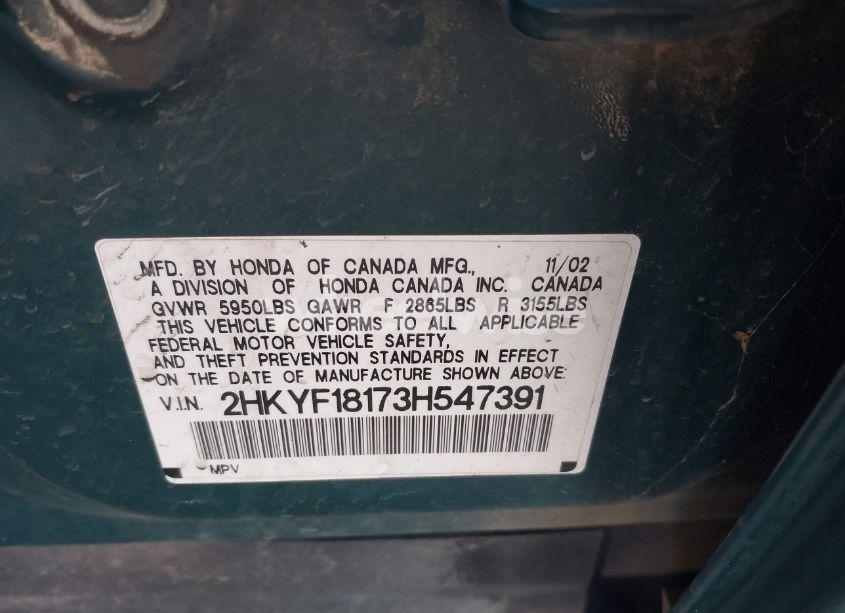 Photo 9 of 2003 Honda Pilot LX (VIN 2HKYF18173H547391)