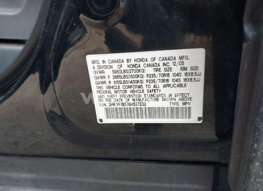 Photo 9 of 2006 Honda Pilot LX (VIN 2HKYF18176H517232)