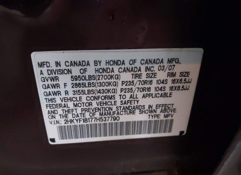 Photo 9 of 2007 Honda Pilot LX (VIN 2HKYF18177H537790)