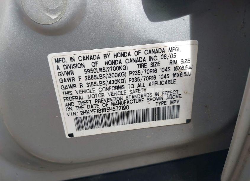 Photo 9 of 2005 Honda Pilot LX (VIN 2HKYF18185H572190)