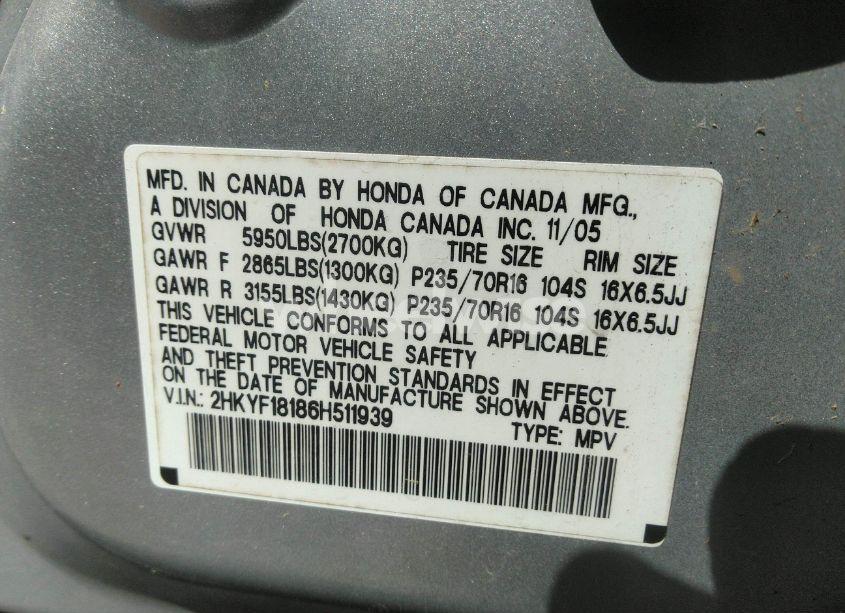 Photo 9 of 2006 Honda Pilot LX (VIN 2HKYF18186H511939)