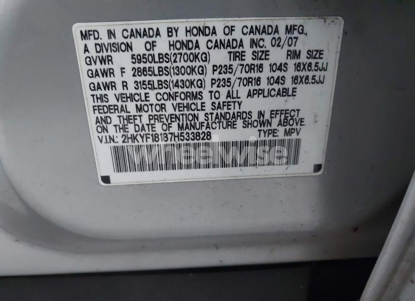 Photo 9 of 2007 Honda Pilot LX (VIN 2HKYF18187H533828)