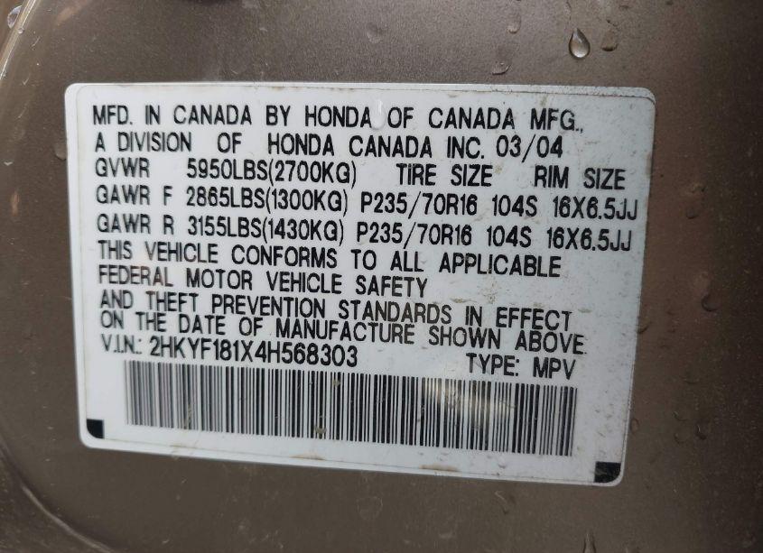 Photo 9 of 2004 Honda Pilot LX (VIN 2HKYF181X4H568303)