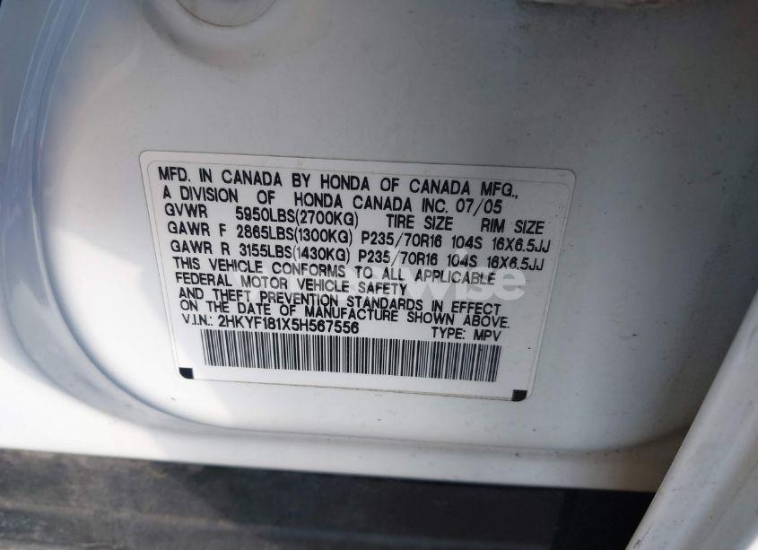 Photo 9 of 2005 Honda Pilot LX (VIN 2HKYF181X5H567556)