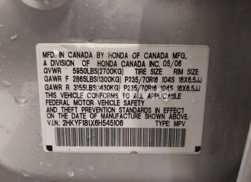 Photo 9 of 2006 Honda Pilot LX (VIN 2HKYF181X6H545106)