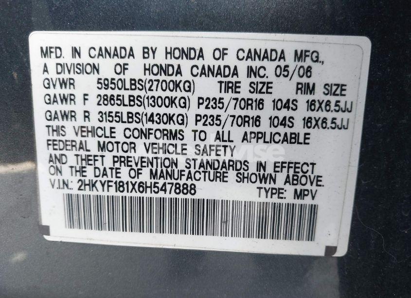 Photo 9 of 2006 Honda Pilot LX (VIN 2HKYF181X6H547888)