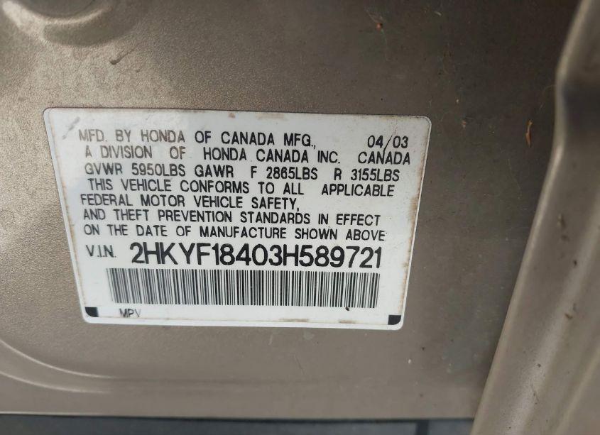 Photo 9 of 2003 Honda Pilot EX (VIN 2HKYF18403H589721)