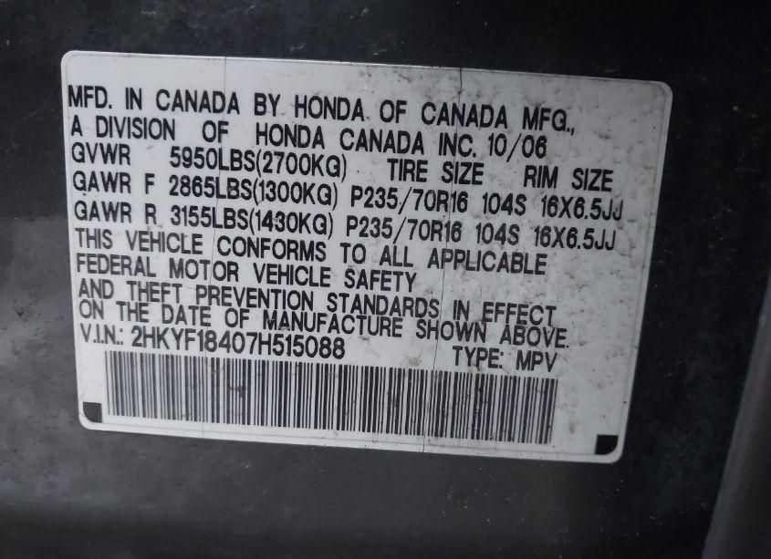 Photo 9 of 2007 Honda Pilot EX (VIN 2HKYF18407H515088)