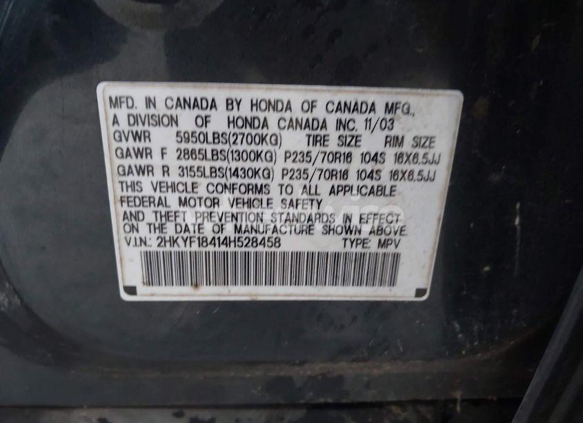 Photo 9 of 2004 Honda Pilot EX (VIN 2HKYF18414H528458)