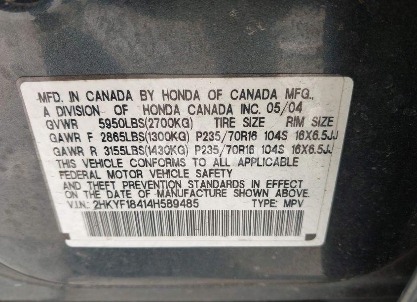 Photo 9 of 2004 Honda Pilot EX (VIN 2HKYF18414H589485)