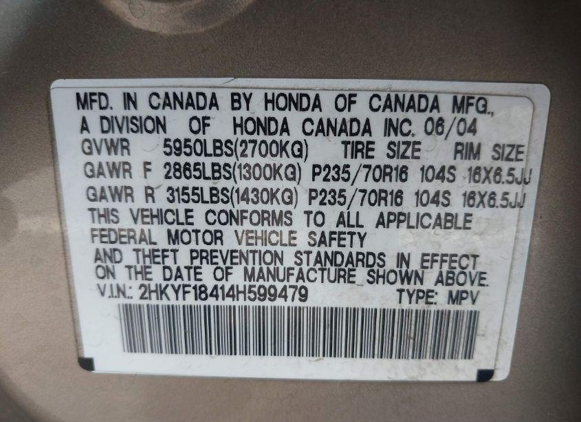 Photo 9 of 2004 Honda Pilot EX (VIN 2HKYF18414H599479)