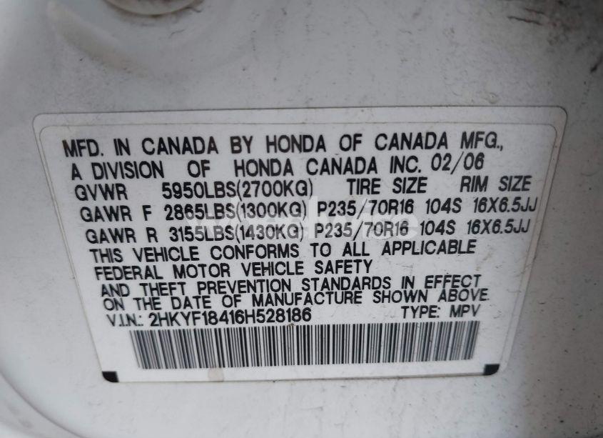 Photo 9 of 2006 Honda Pilot EX (VIN 2HKYF18416H528186)