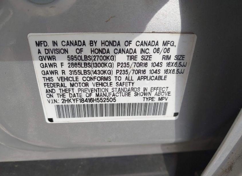 Photo 9 of 2006 Honda Pilot EX (VIN 2HKYF18416H552505)