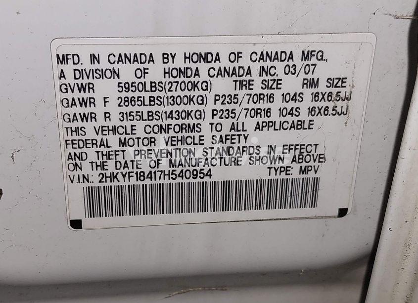 Photo 9 of 2007 Honda Pilot EX (VIN 2HKYF18417H540954)