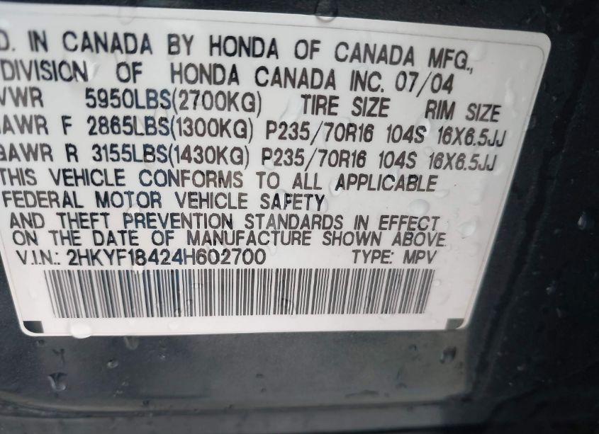 Photo 9 of 2004 Honda Pilot EX (VIN 2HKYF18424H602700)