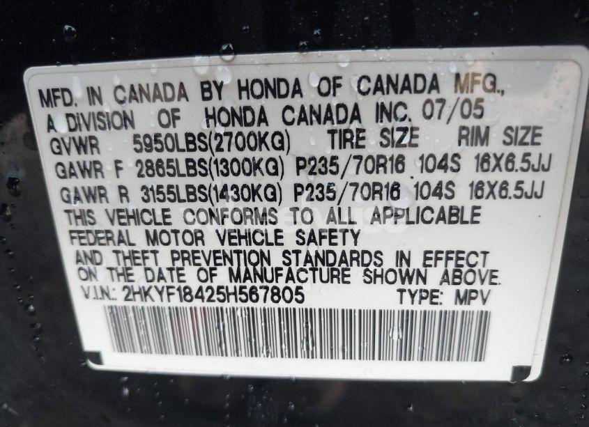 Photo 9 of 2005 Honda Pilot EX (VIN 2HKYF18425H567805)