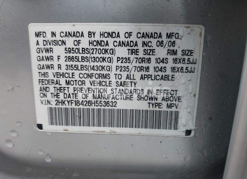 Photo 9 of 2006 Honda Pilot EX (VIN 2HKYF18426H553632)