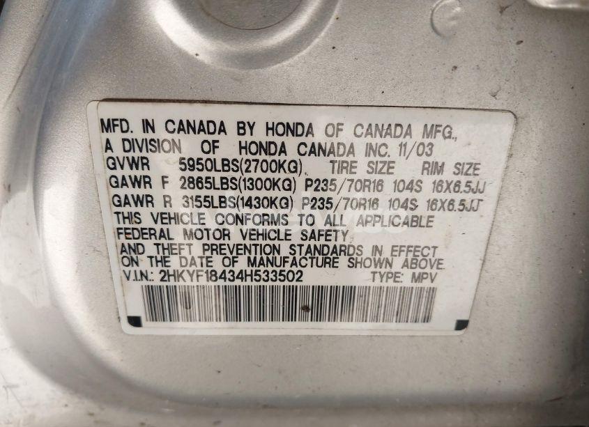 Photo 9 of 2004 Honda Pilot EX (VIN 2HKYF18434H533502)