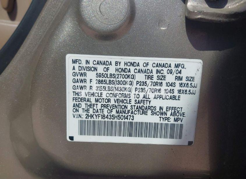 Photo 9 of 2005 Honda Pilot EX (VIN 2HKYF18435H501473)