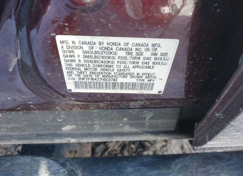 Photo 9 of 2007 Honda Pilot EX (VIN 2HKYF18437H503792)