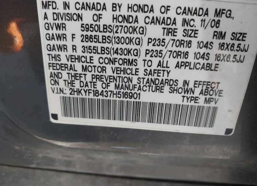 Photo 9 of 2007 Honda Pilot EX (VIN 2HKYF18437H516901)