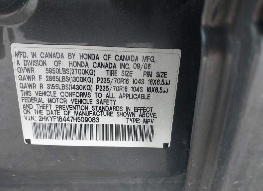 Photo 9 of 2007 Honda Pilot EX (VIN 2HKYF18447H509083)
