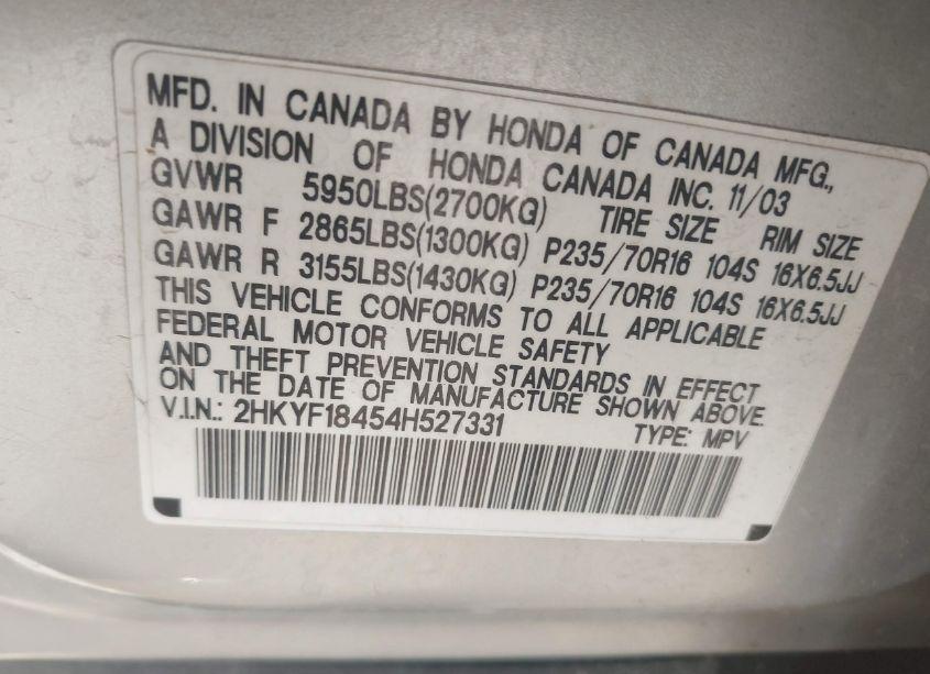 Photo 9 of 2004 Honda Pilot EX (VIN 2HKYF18454H527331)