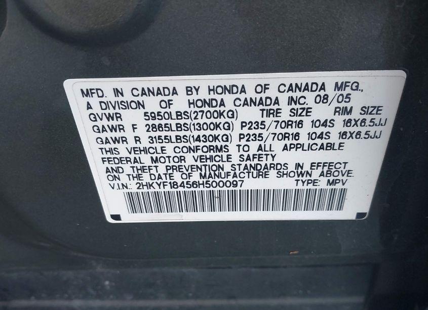 Photo 9 of 2006 Honda Pilot EX (VIN 2HKYF18456H500097)