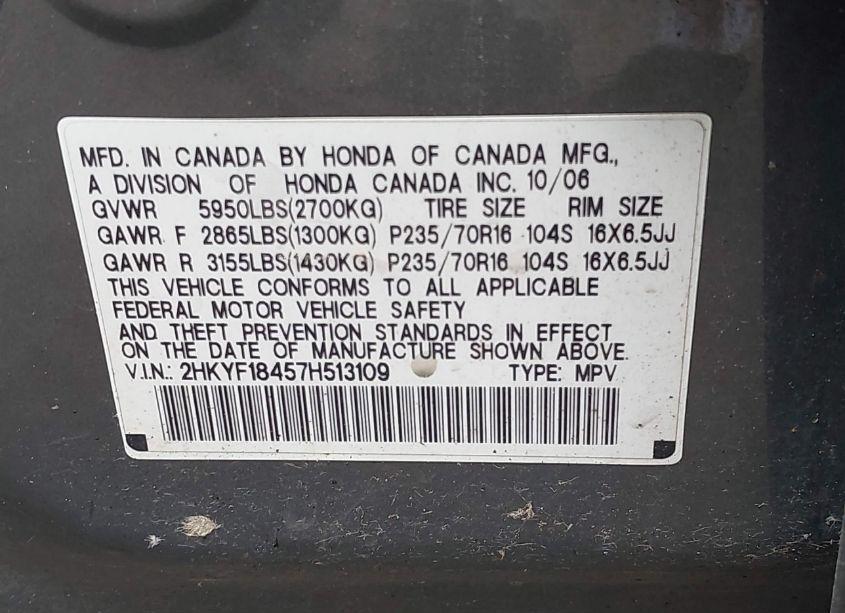 Photo 9 of 2007 Honda Pilot EX (VIN 2HKYF18457H513109)