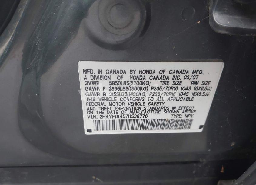 Photo 9 of 2007 Honda Pilot EX (VIN 2HKYF18457H536776)