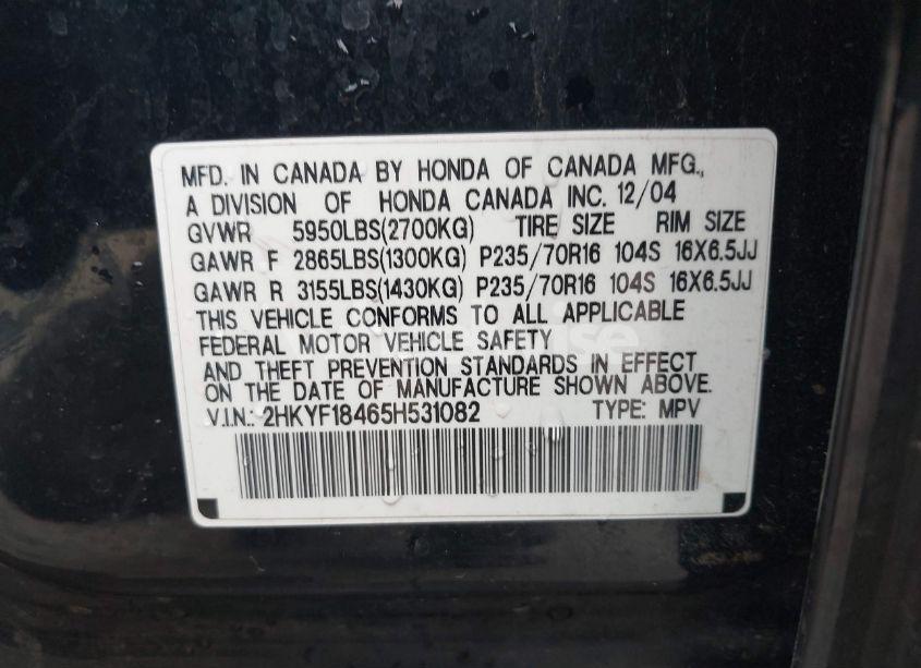 Photo 9 of 2005 Honda Pilot EX (VIN 2HKYF18465H531082)