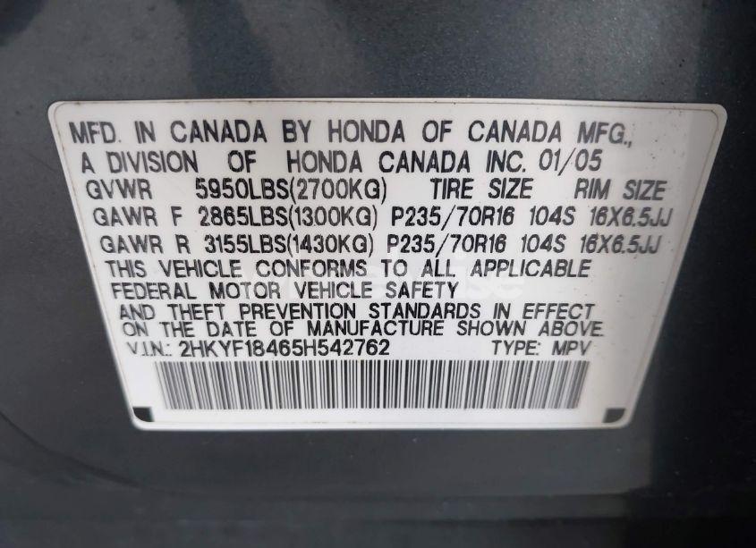 Photo 9 of 2005 Honda Pilot EX (VIN 2HKYF18465H542762)