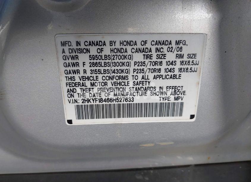 Photo 9 of 2006 Honda Pilot EX (VIN 2HKYF18466H527633)