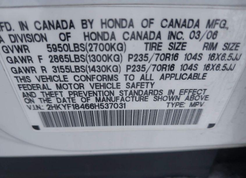 Photo 9 of 2006 Honda Pilot EX (VIN 2HKYF18466H537031)