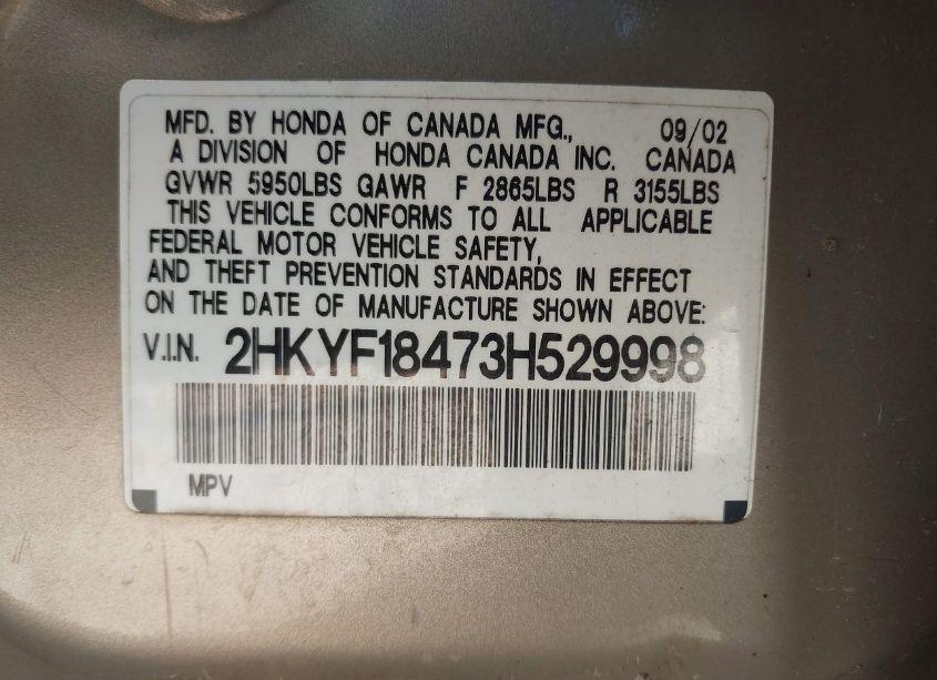 Photo 9 of 2003 Honda Pilot EX (VIN 2HKYF18473H529998)