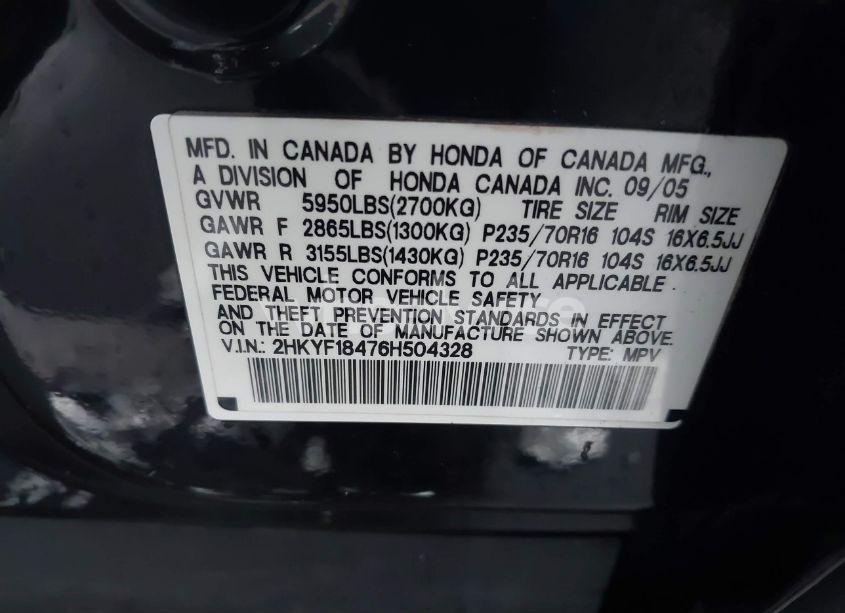 Photo 9 of 2006 Honda Pilot EX (VIN 2HKYF18476H504328)