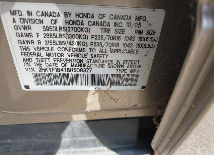 Photo 9 of 2006 Honda Pilot EX (VIN 2HKYF18476H508377)