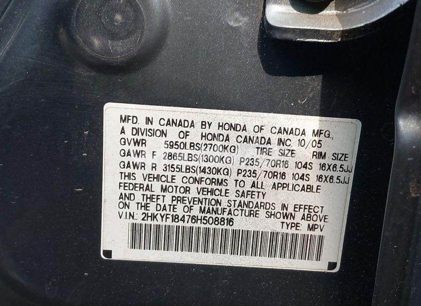 Photo 9 of 2006 Honda Pilot EX (VIN 2HKYF18476H508816)