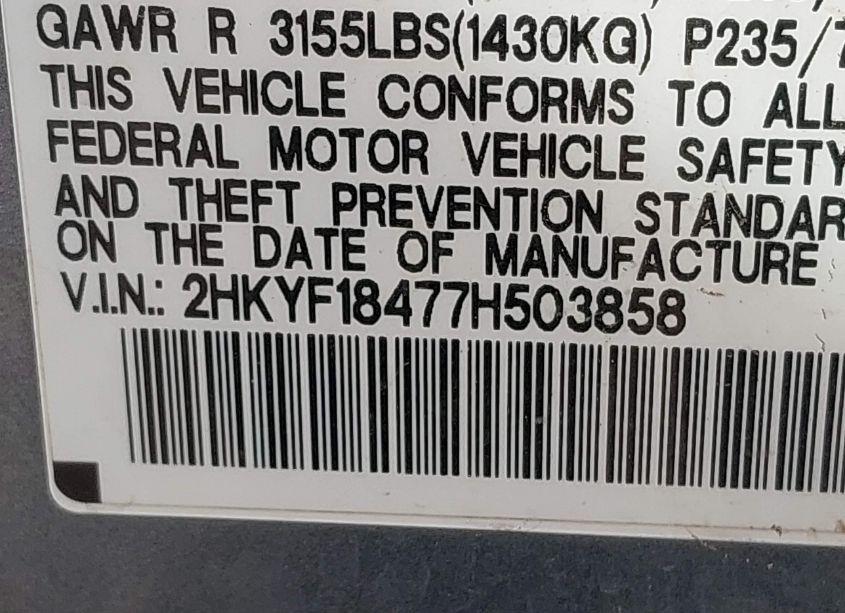 Photo 9 of 2007 Honda Pilot EX (VIN 2HKYF18477H503858)