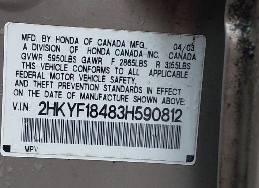 Photo 9 of 2003 Honda Pilot EX (VIN 2HKYF18483H590812)