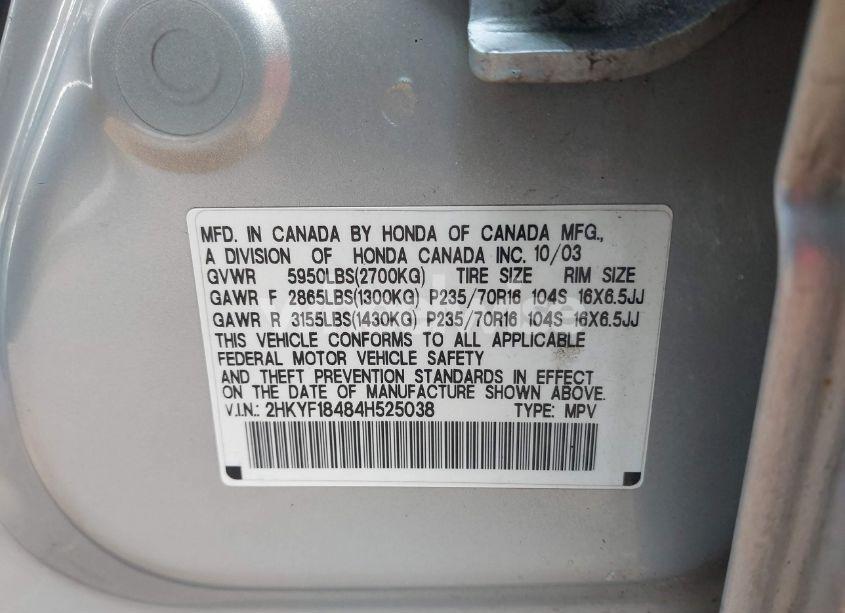 Photo 9 of 2004 Honda Pilot EX (VIN 2HKYF18484H525038)