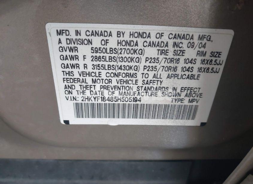 Photo 9 of 2005 Honda Pilot EX (VIN 2HKYF18485H505194)