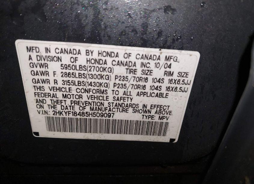 Photo 9 of 2005 Honda Pilot EX (VIN 2HKYF18485H509097)